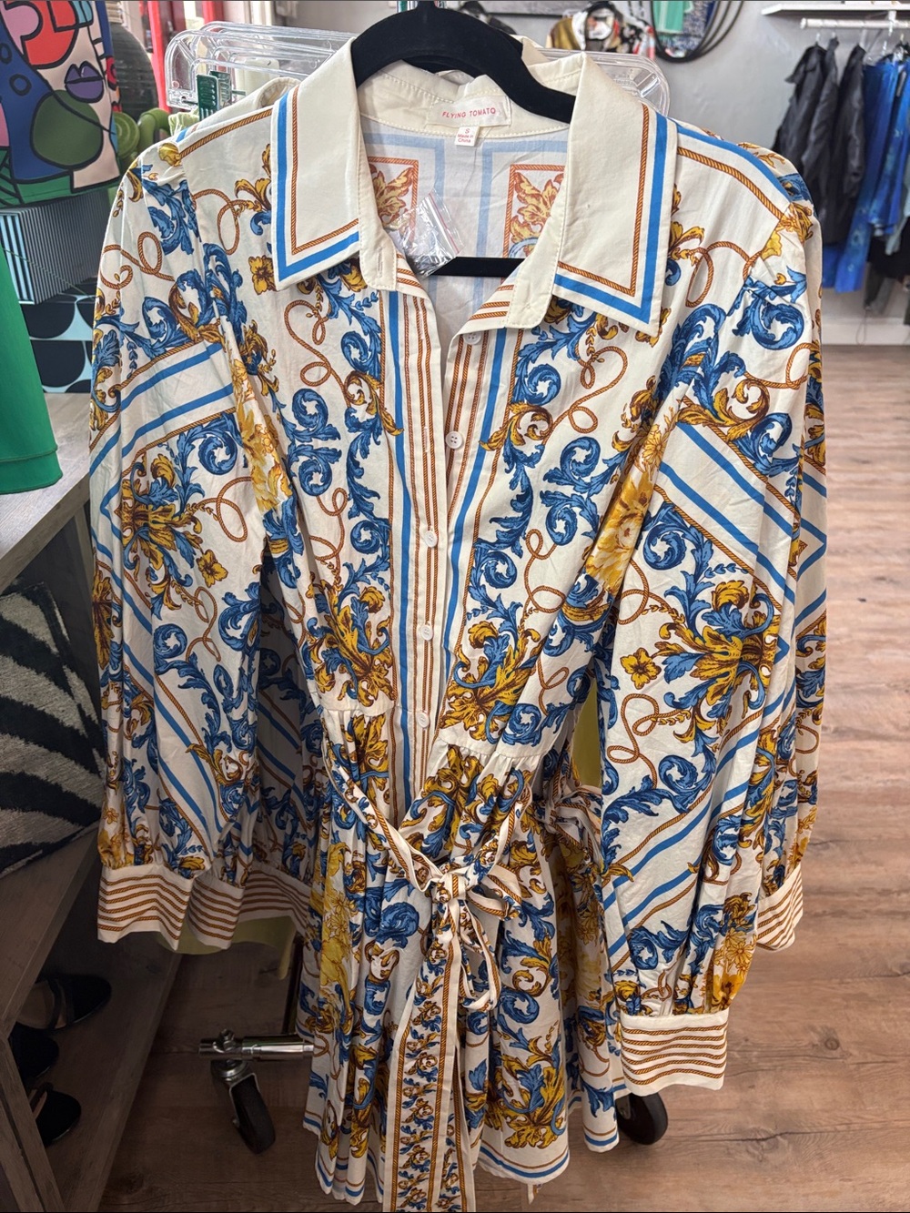 Flying Tomato Cream Mini Dress with Blue & Gold Scroll Print
